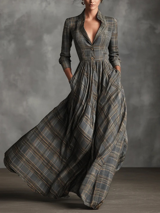 Modesees Dresses & Skirts - Modesees Grey Sophisticated Tartan-Patterned Linen-Blend Flared Maxi Dress